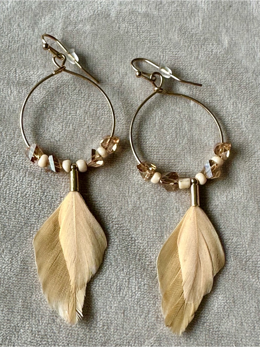 Boho Feather Hoop Earrings in Beige and Gold